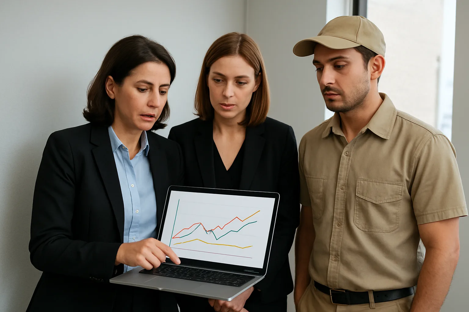 Property staff and a delivery driver reviewing simple trend lines on a laptop during a brief huddle.