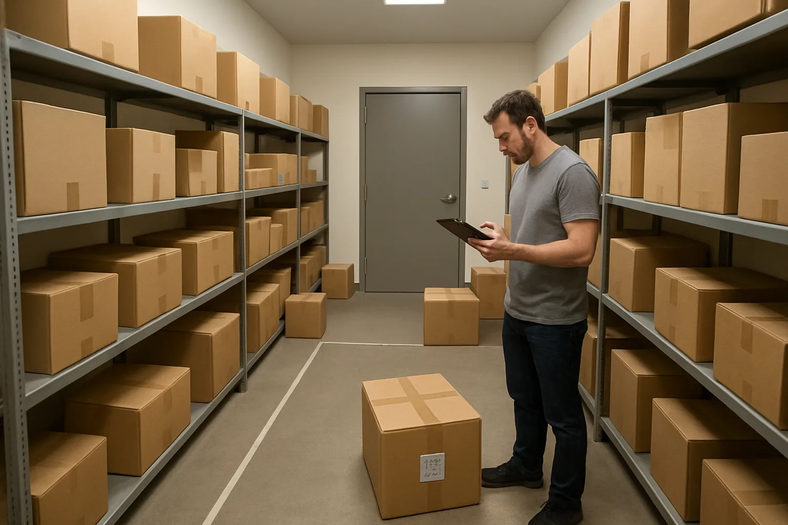 Apartment package room with a taped floor line separating a fast pickup area near the door from a slow pickup area farther back.