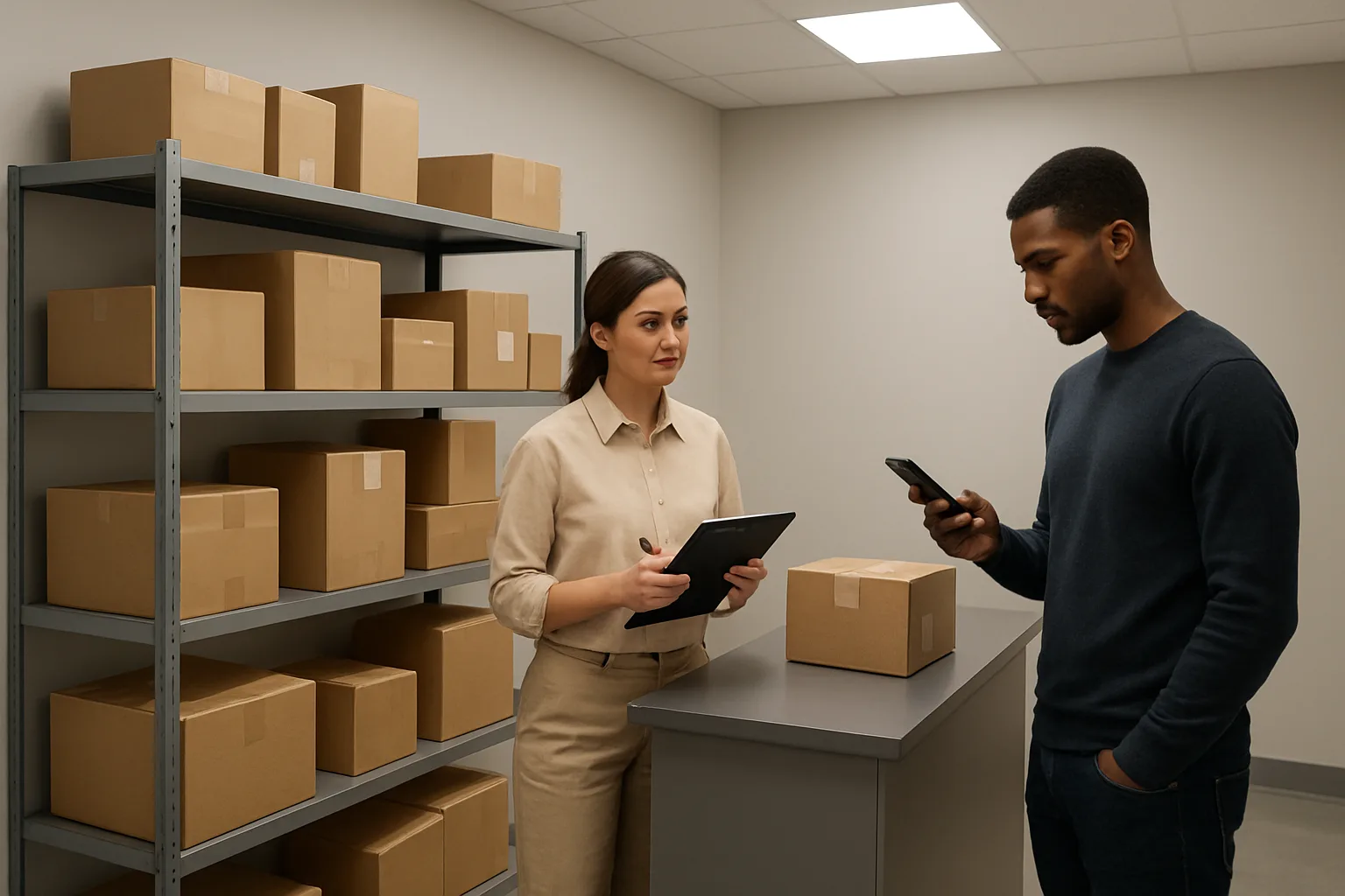 Apartment package room with staff member and resident reviewing a package notification on a phone.