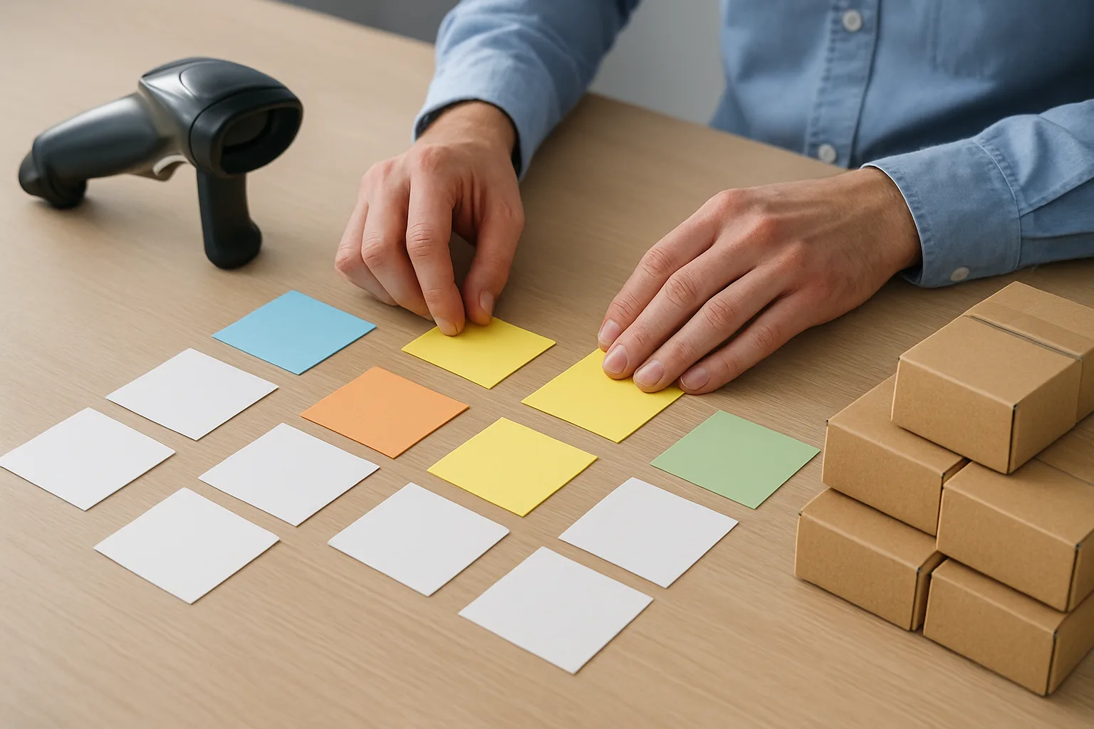 Hands organizing unlabeled sticky notes near a barcode scanner and parcels on a desk.