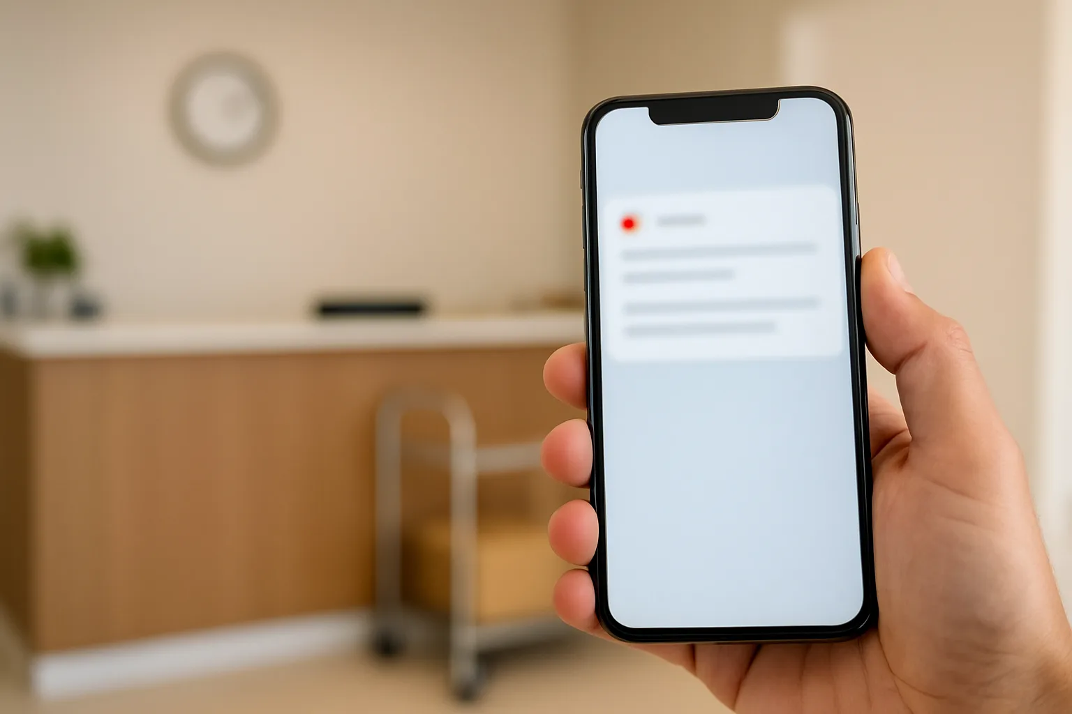 Resident holding a phone with blurred notification near a front desk package cart.
