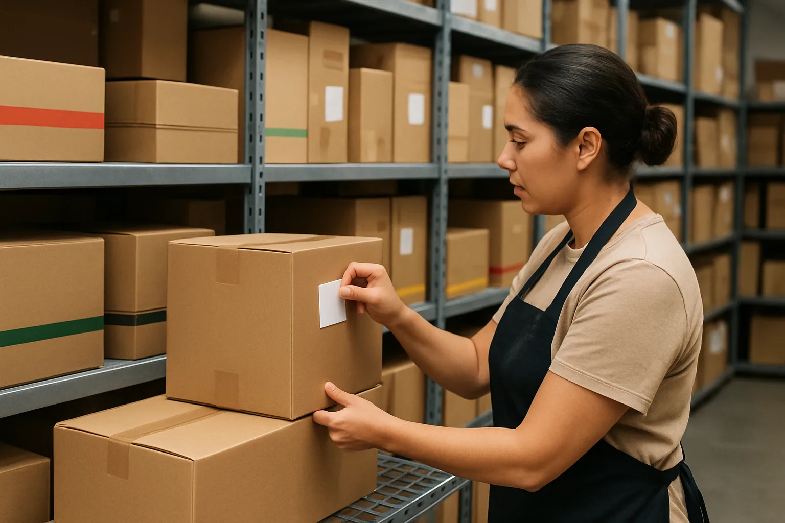 Package room shelves with color-coded zones and staff applying a blank label to a parcel.