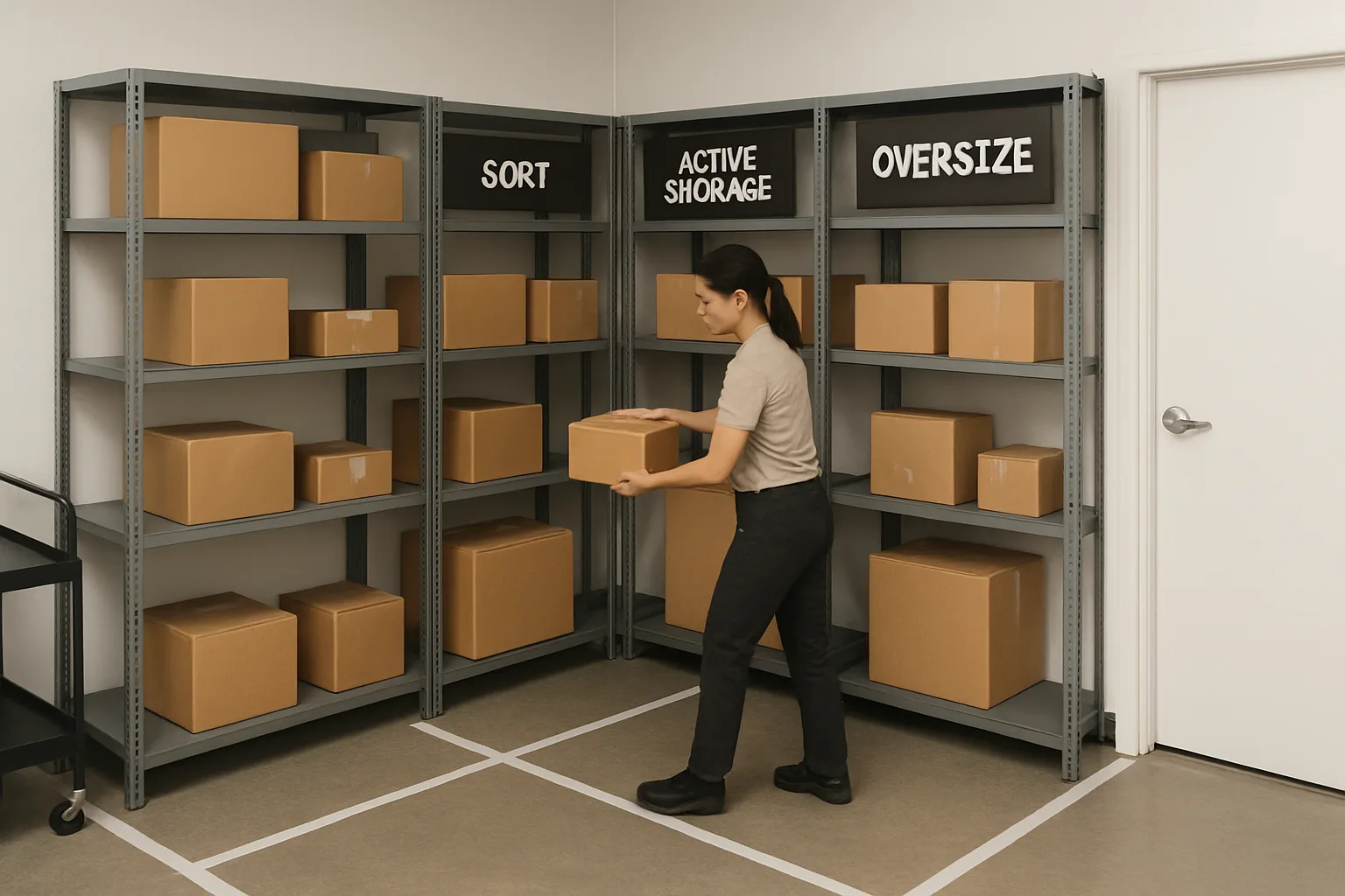 Organized package room with taped floor zones and labeled shelves used by staff.