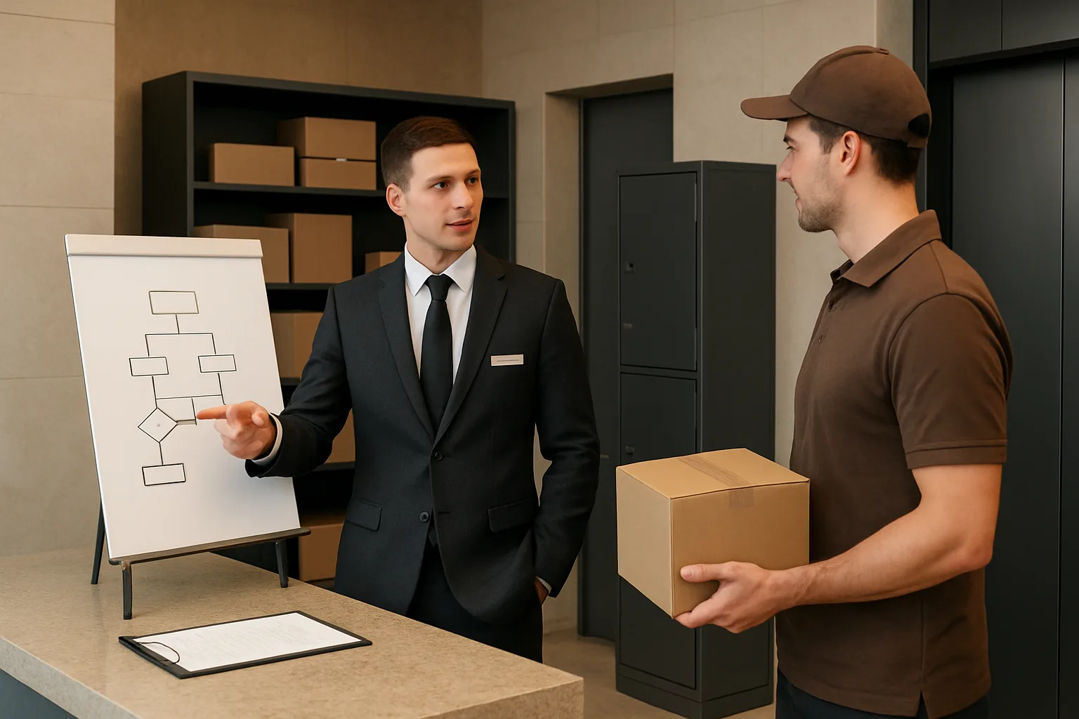 Concierge and delivery driver at an apartment front desk reviewing a simple decision flowchart near a package room.