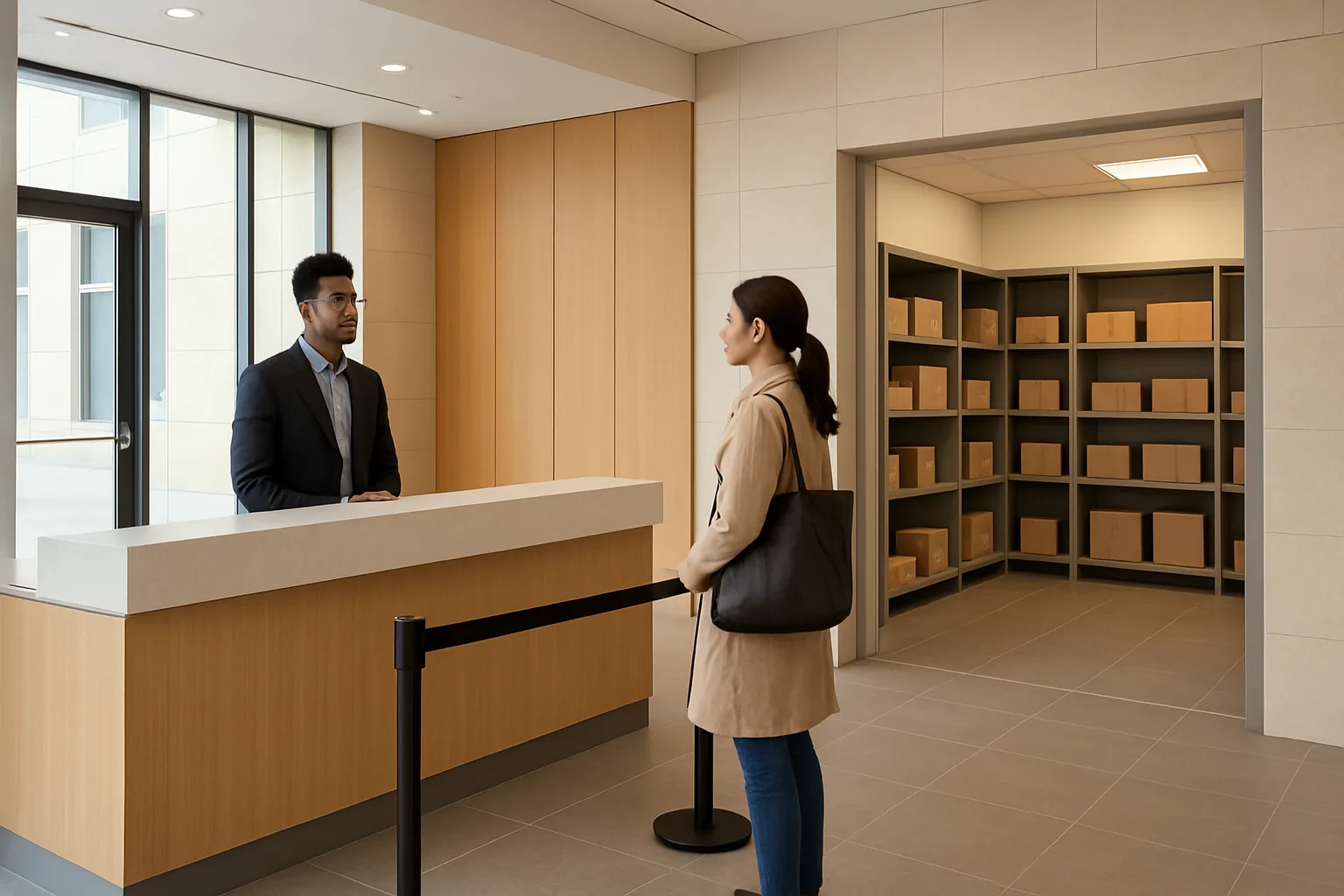 Front desk with a staff-only package room boundary and a resident waiting at a pickup point.