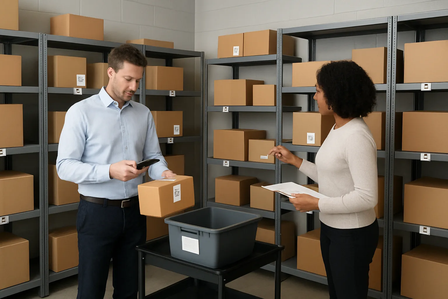 Front desk staff scanning a package in a zoned mailroom during a weekly reconciliation.