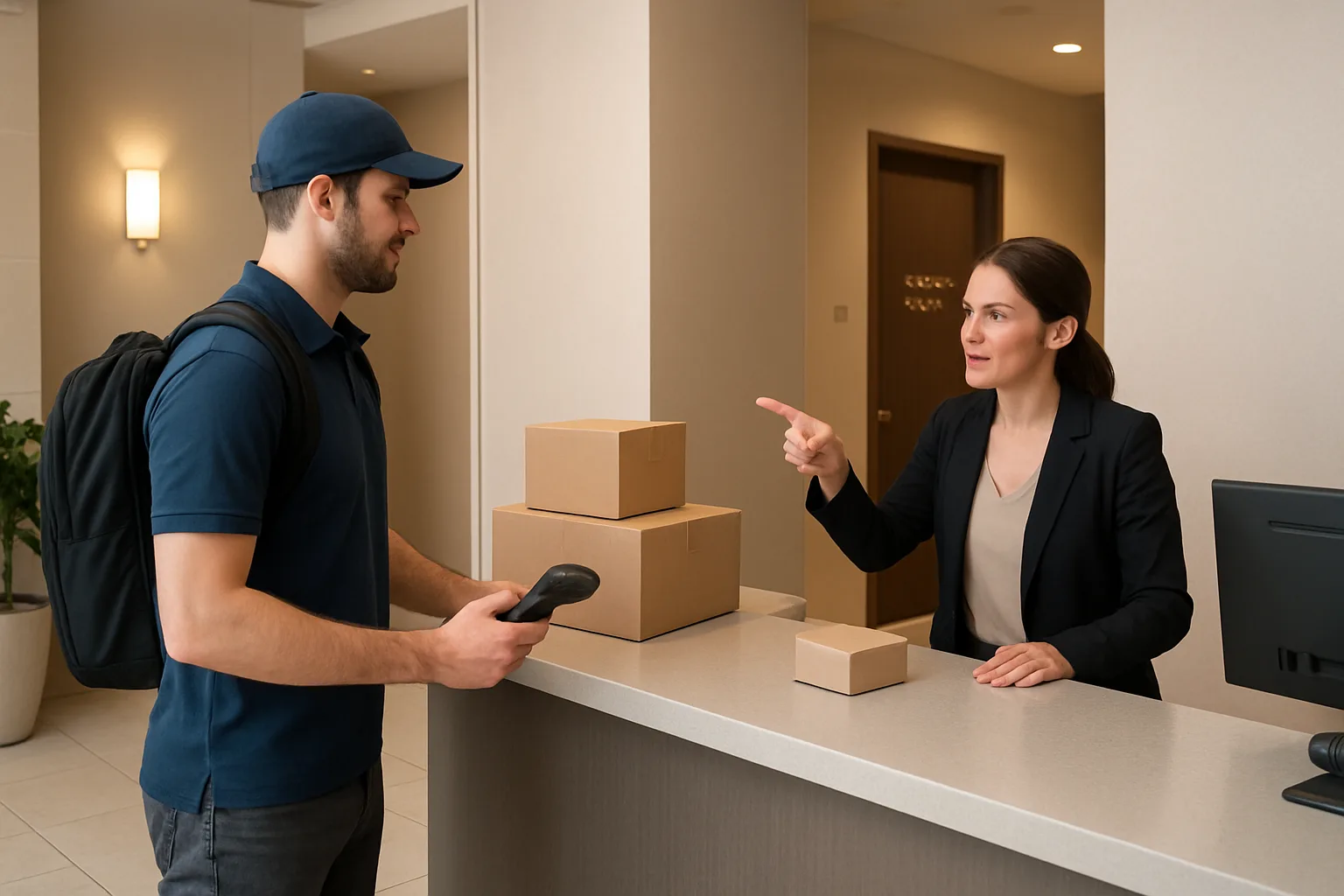Apartment lobby with a front desk and a controlled package intake counter where staff direct a courier to the correct drop-off point.