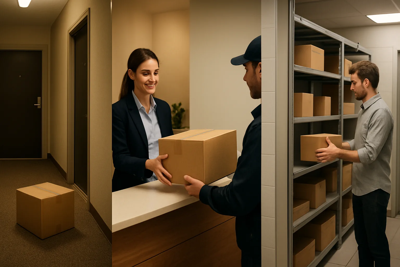 Three-panel comparison of package acceptance locations: outside unit door, front desk handoff, and package room shelf placement.
