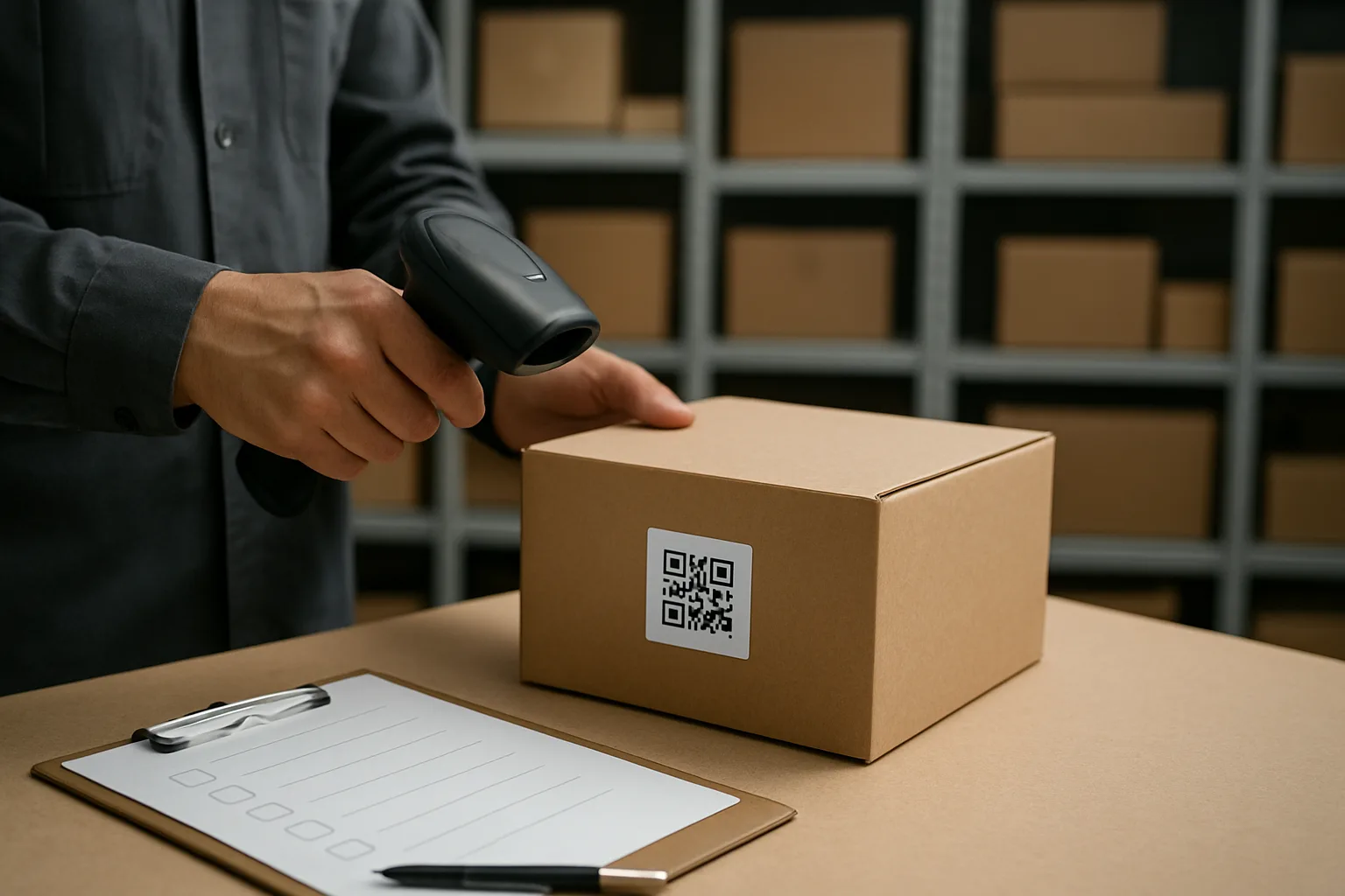 Staff labeling and scanning a package at intake with organized package shelves in the background.