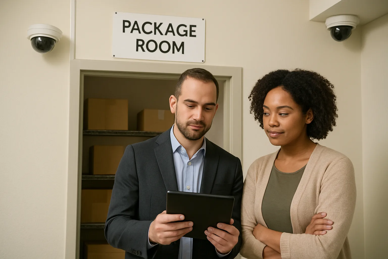 Property manager and resident reviewing a tablet near a package room with security cameras and organized shelves visible.