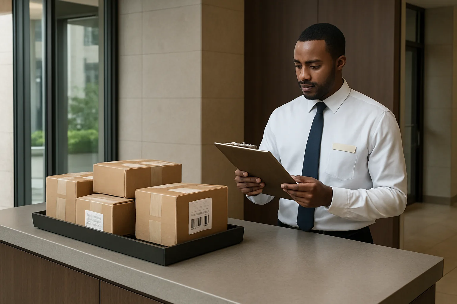 Concierge reviewing an unlabeled package at a lobby desk using a checklist without opening the box.