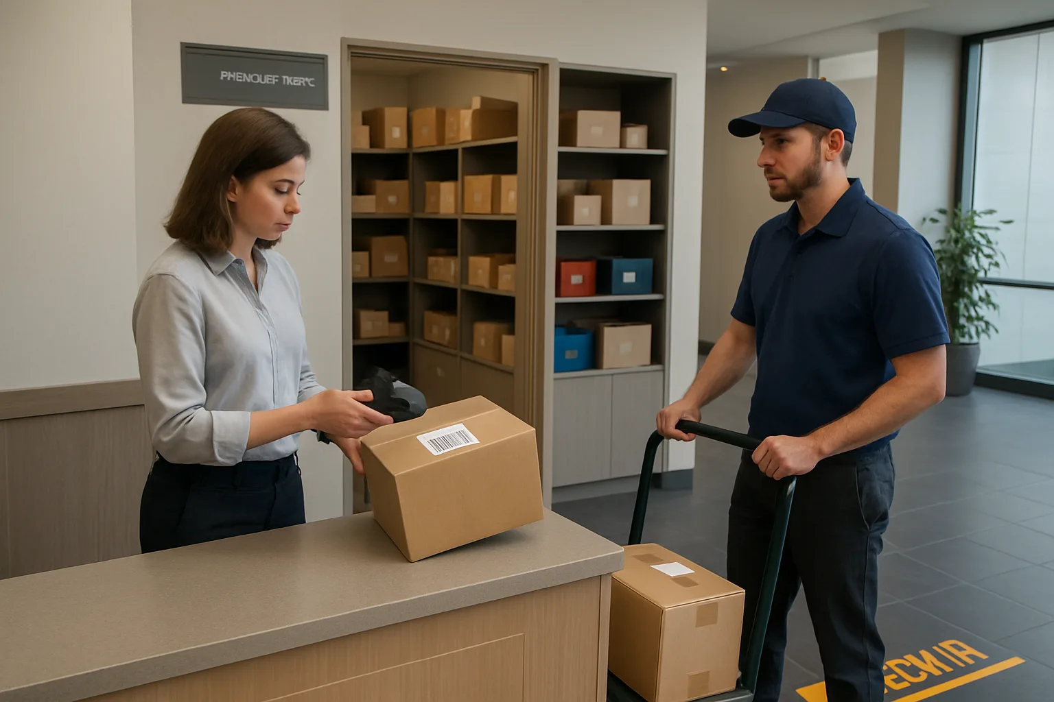 Front desk staff scanning a QR-labeled package while a carrier waits at a check-in spot near an organized package room.