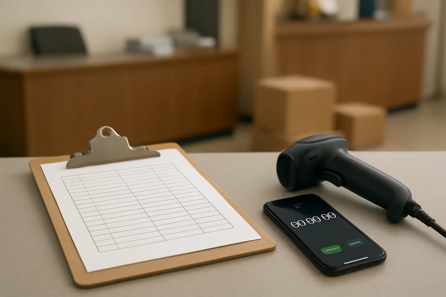 Stopwatch phone and blank tally sheet beside a handheld scanner on a front desk counter with packages in the background.
