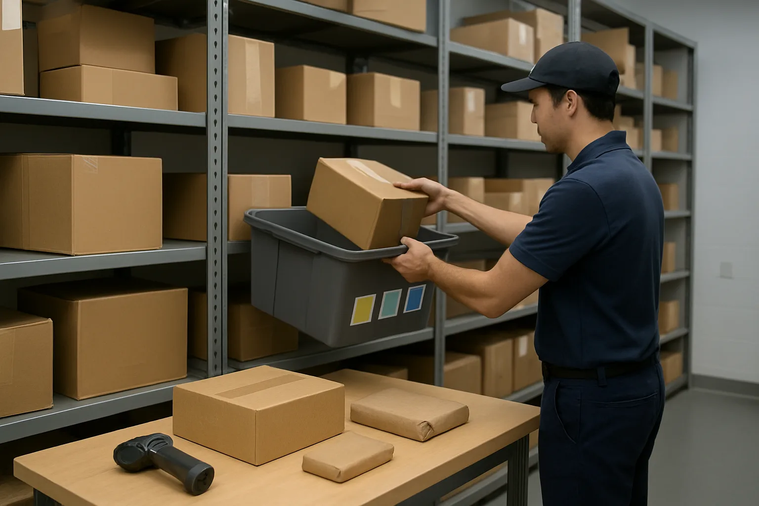 Staff member shelving a scanned package in an organized package room with bins and a staging table.
