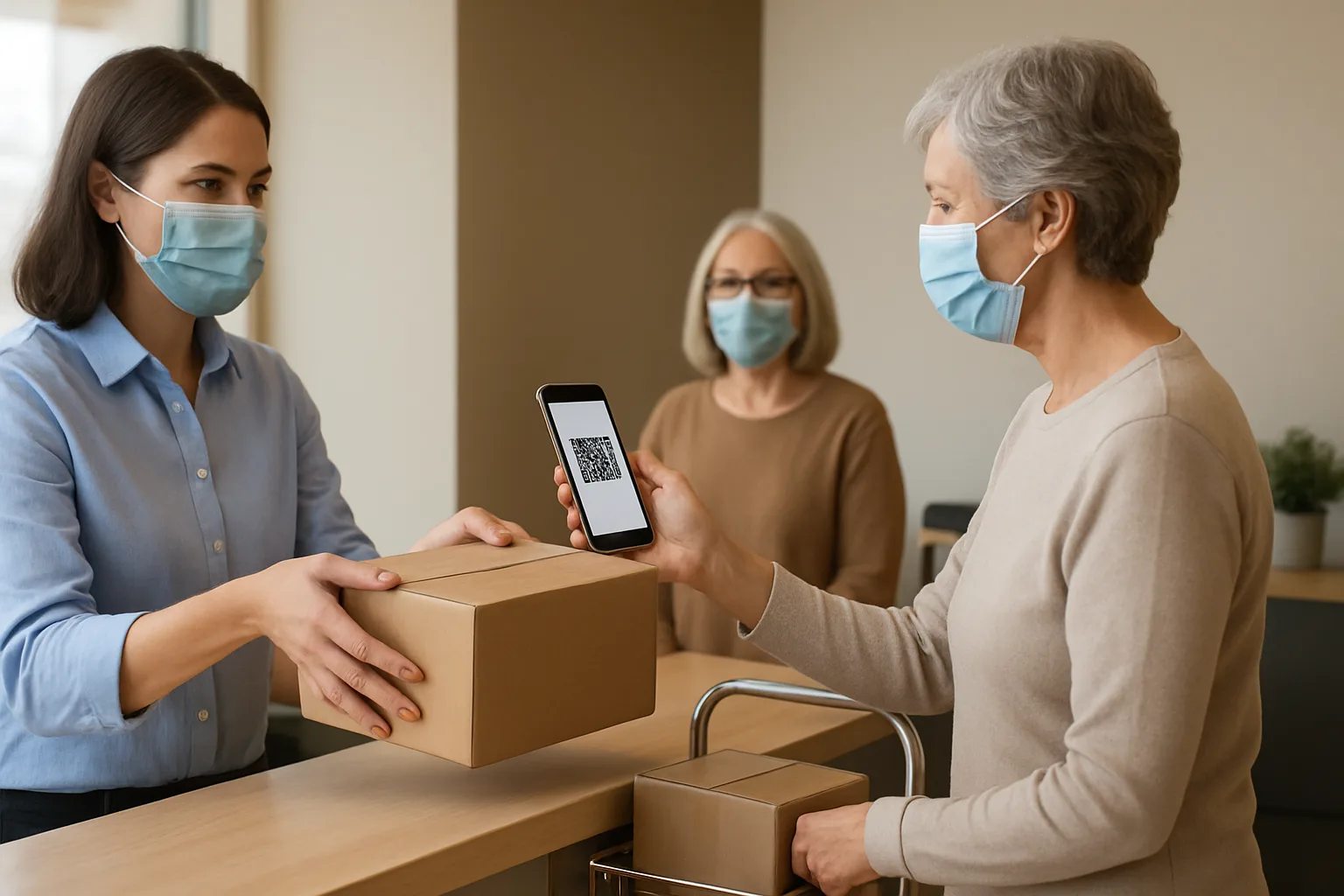 Front desk staff handing a package to a resident after verifying a QR code, with a second resident waiting nearby.