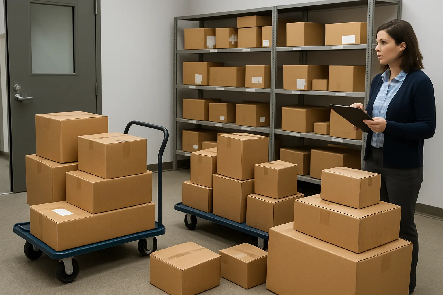 Busy package room with parcels, carts, and shelving during peak delivery intake.