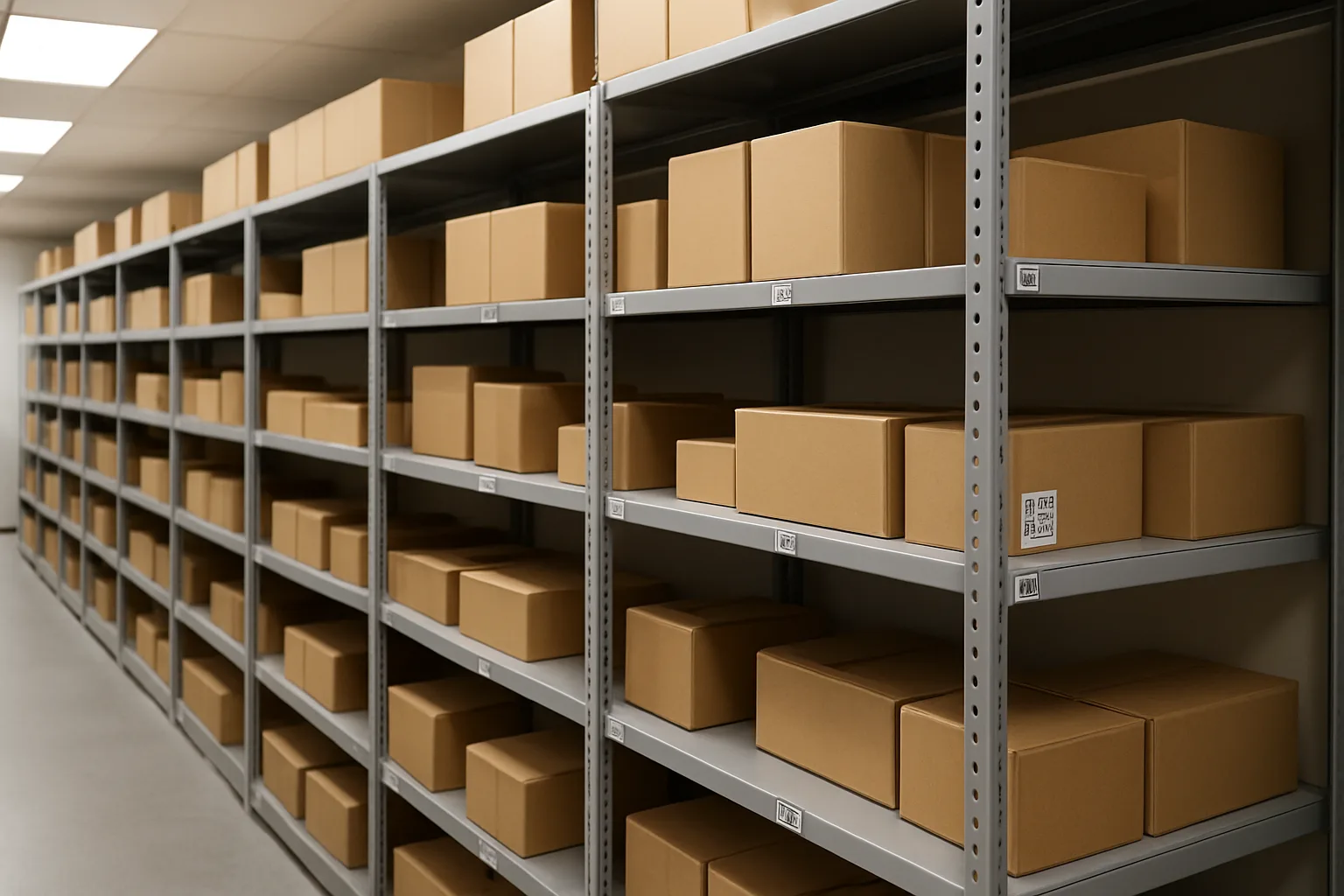Organized package room shelves with consistent label and QR sticker placement.
