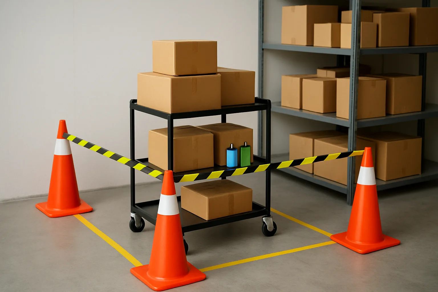 Temporary overflow staging area in a package room with tape, cones, and rolling rack.