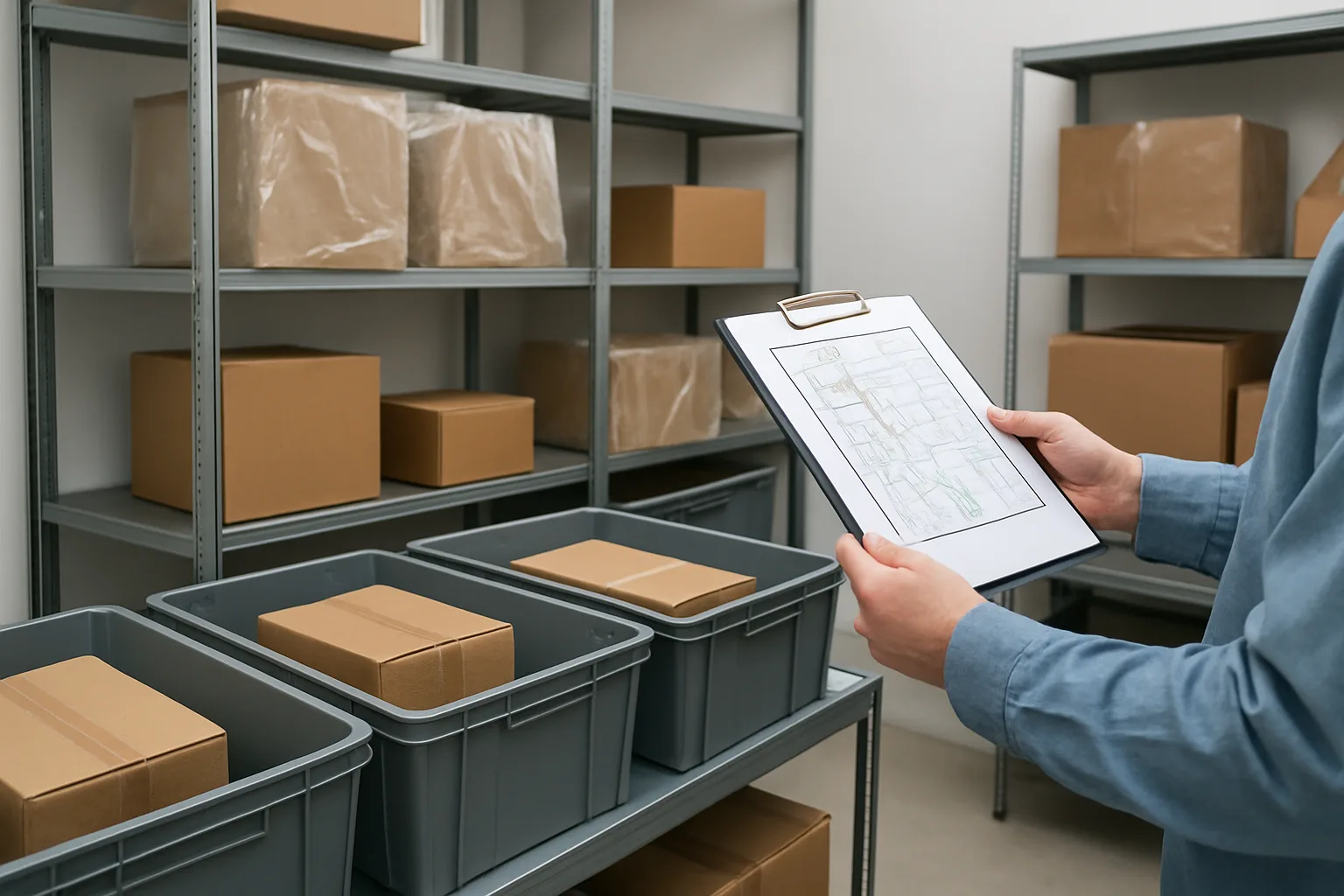 Package room mid-reconfiguration with staff holding a map on a clipboard.