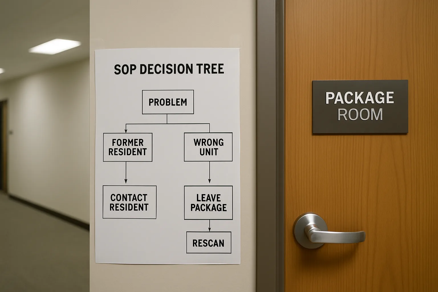 Printed decision tree for handling former resident and wrong-unit packages posted near a package room entrance.