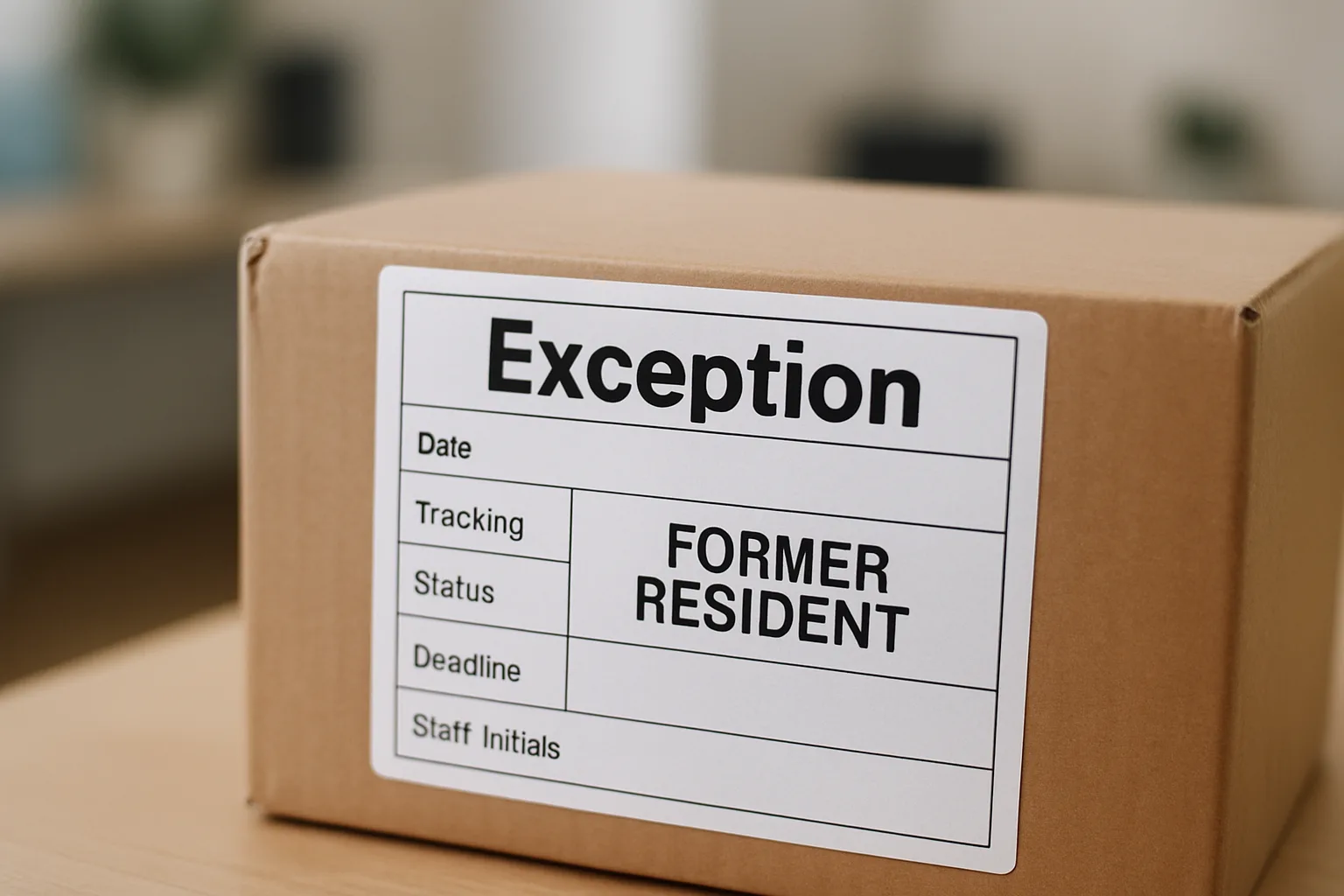 Handwritten exception tag on a package showing tracking number, deadline, and staff initials for accountability.