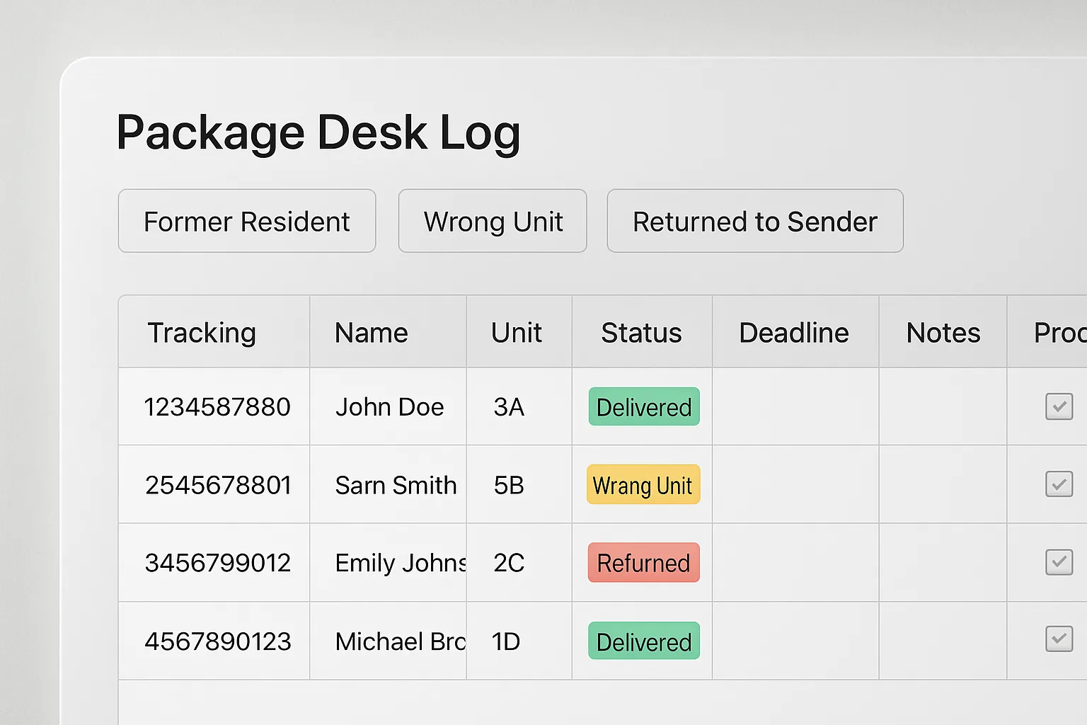 Screenshot-style illustration of a package log with filters for former resident, wrong unit, and returned to sender entries.