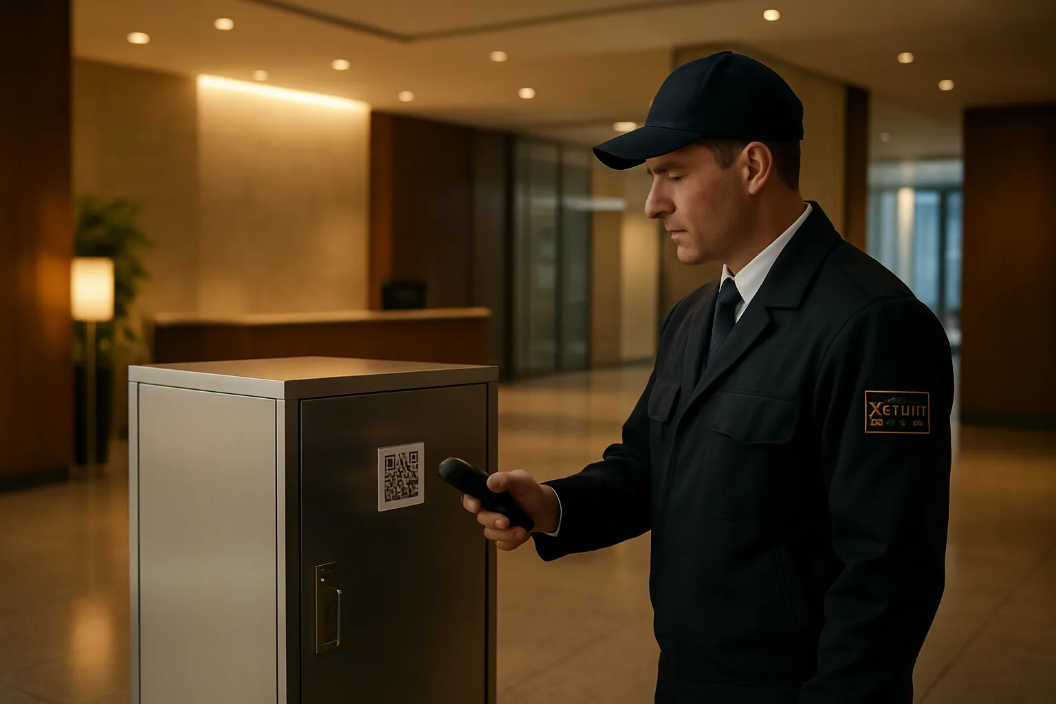 Security guard scanning QR labels on a locked cabinet during shift change at a lobby desk.