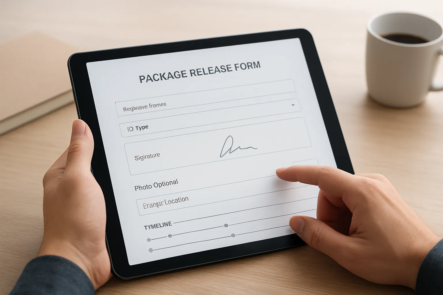 Tablet interface mockup showing package release workflow with ID type, signature, and release timestamp.