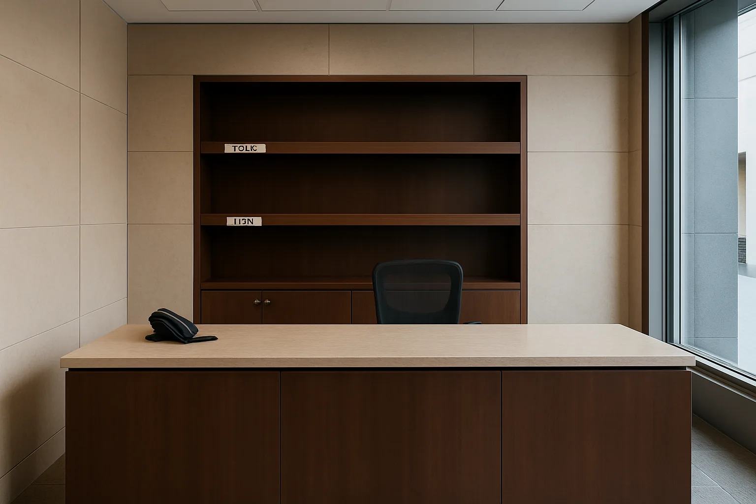 Organized security desk package area with labeled zones and a locked cabinet for high-value items.