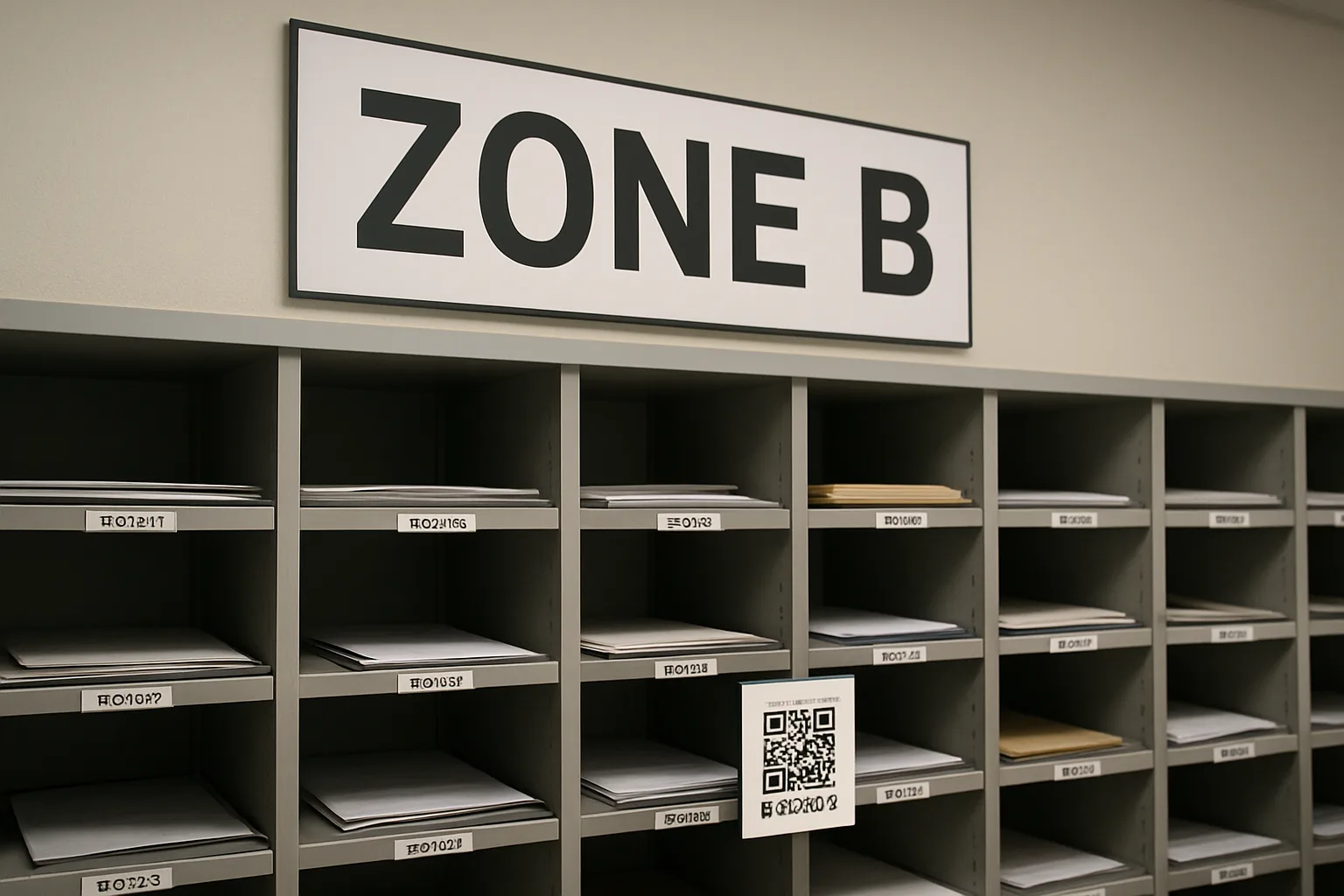 Photo-style illustration of shelf labels showing a large zone sign and a QR label reading B-02-05-3.