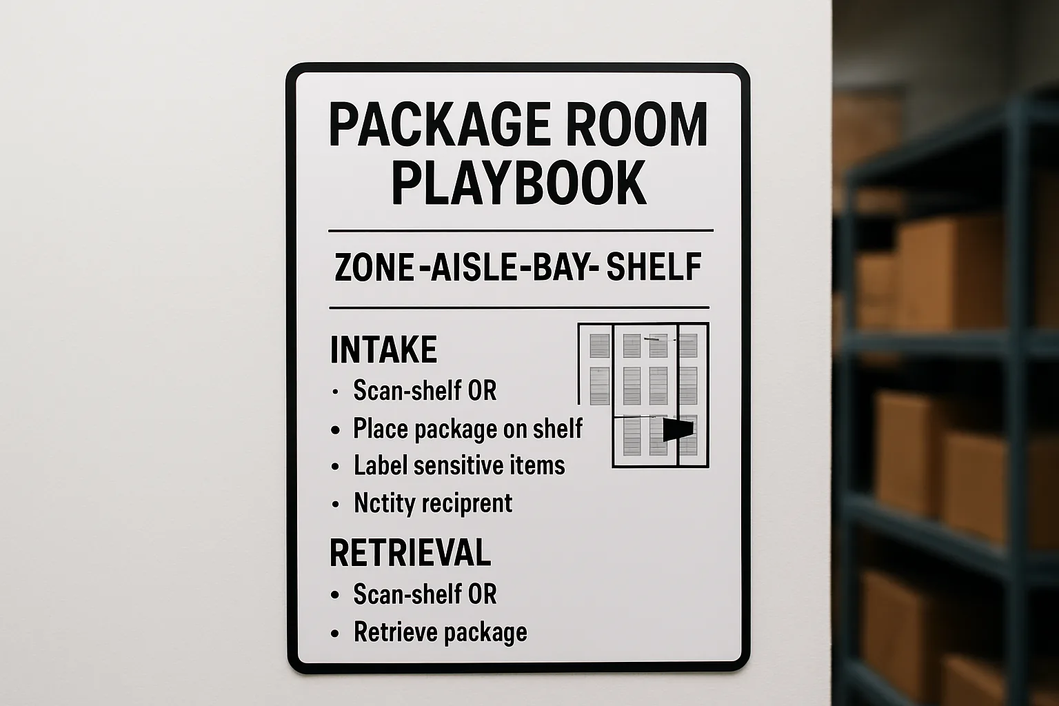 Poster for package room rules showing location code format and QR-based intake and retrieval steps.