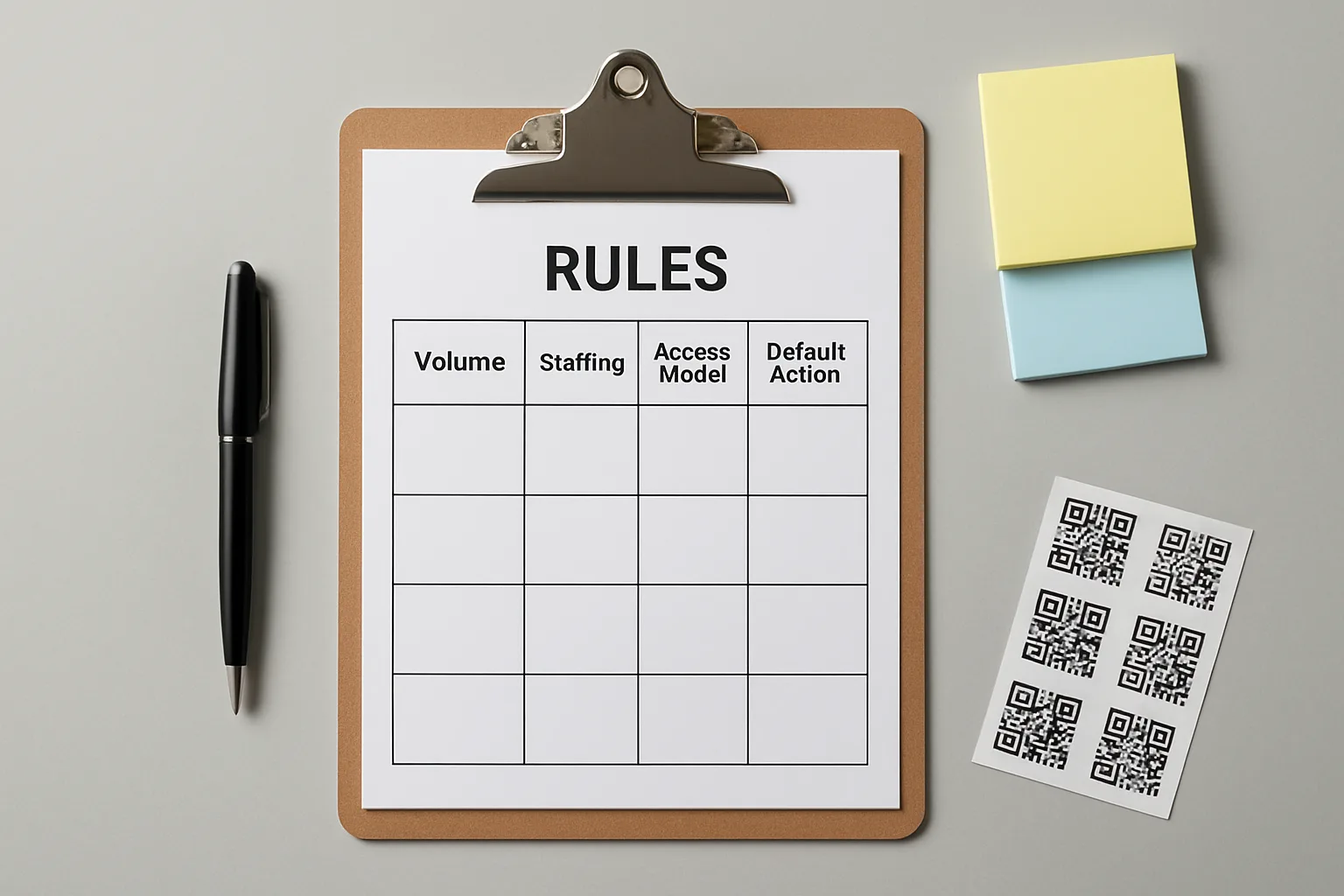 Printed rules matrix for package notifications showing volume, staffing level, and access model.