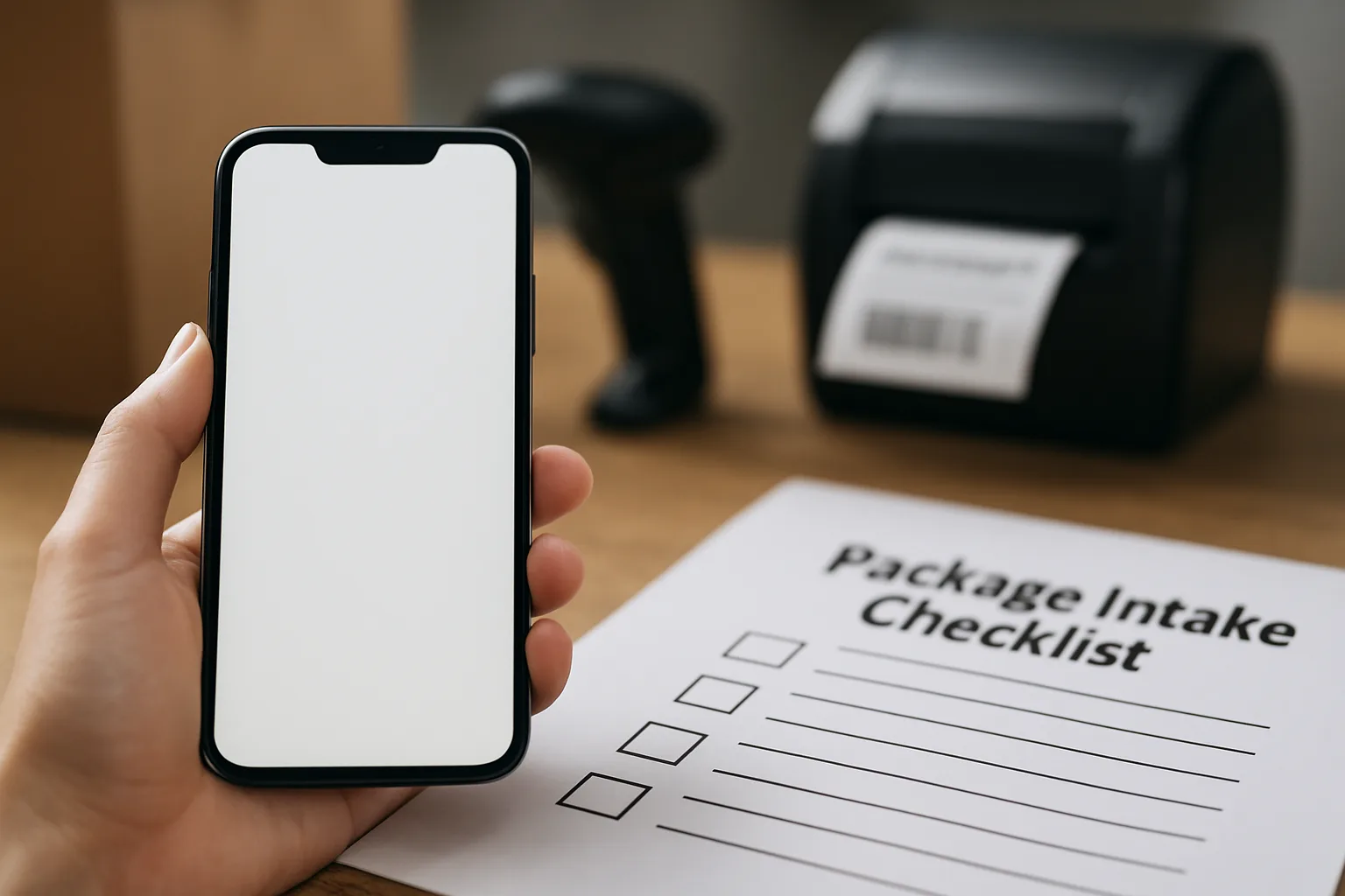 Staff phone screen showing a notification template next to a package scan checklist.