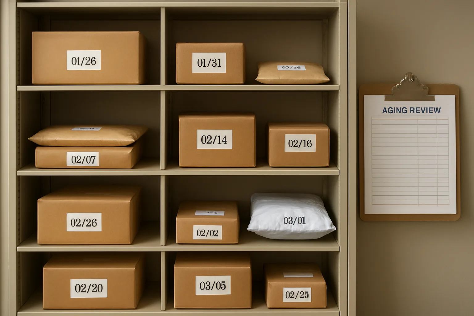 Mailroom shelf with dated tags and a clipboard showing an aging review checklist.