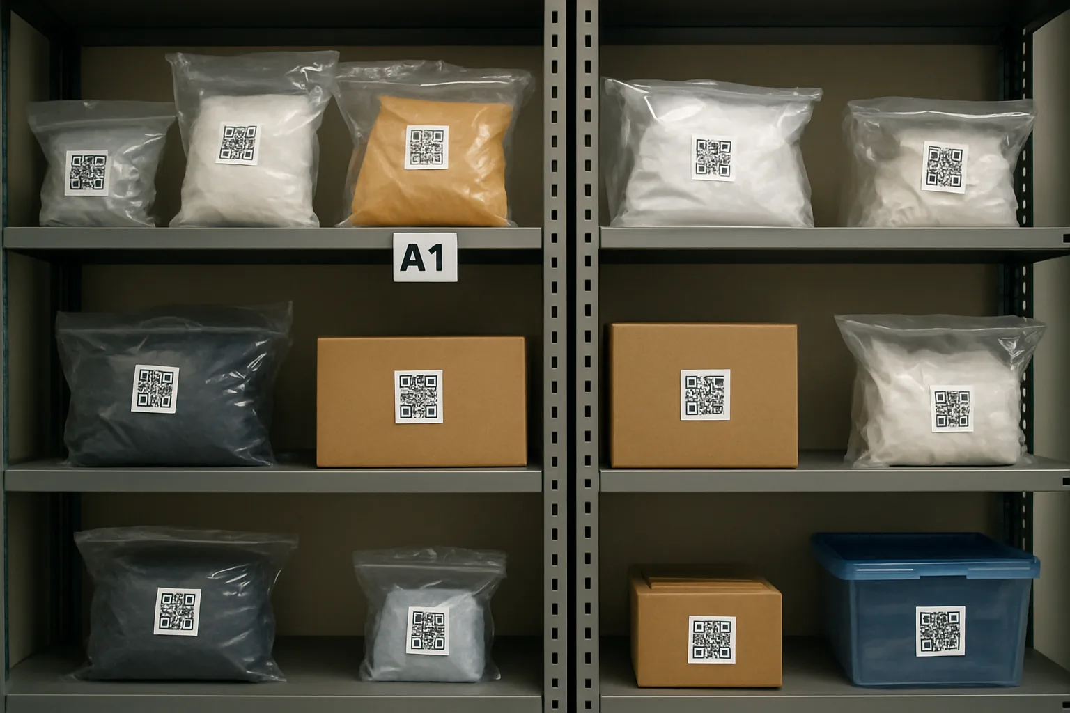 Shelving with bin locations and QR-labeled packages and lost items.