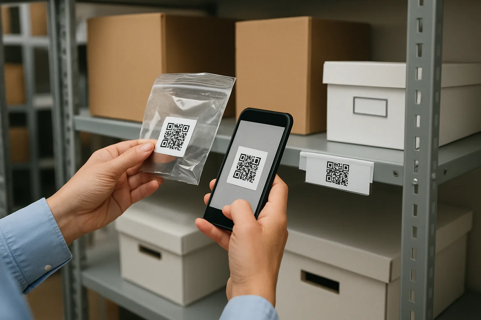 Staff scanning QR label and shelf location for lost and found item tracking.