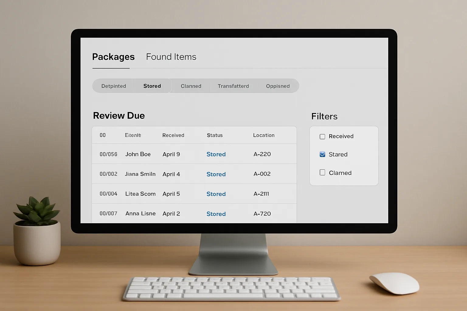 Dashboard showing unified package and lost-and-found workflow statuses and review due queue.